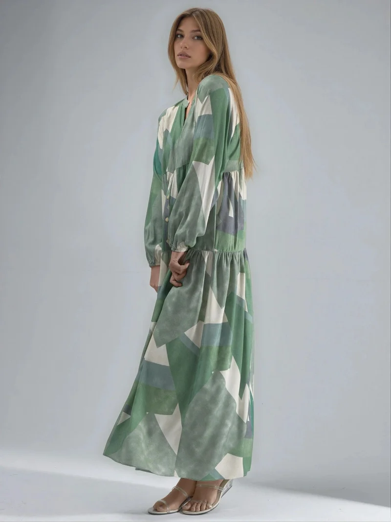 HICCUP Sage Green Printed Long Sleeve Viscose Maxi Dress for Women | Best Price UAE